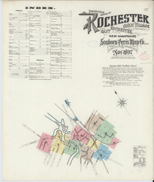 Sanborn Fire Insurance Map from Rochester, Strafford County, New Hampshire (1897), Sheet #0001 - Historic Sanborn Fire Insurance Map Print, vintage old map wall art, antique decor, genealogy gift, New Hampshire New Hampshire map