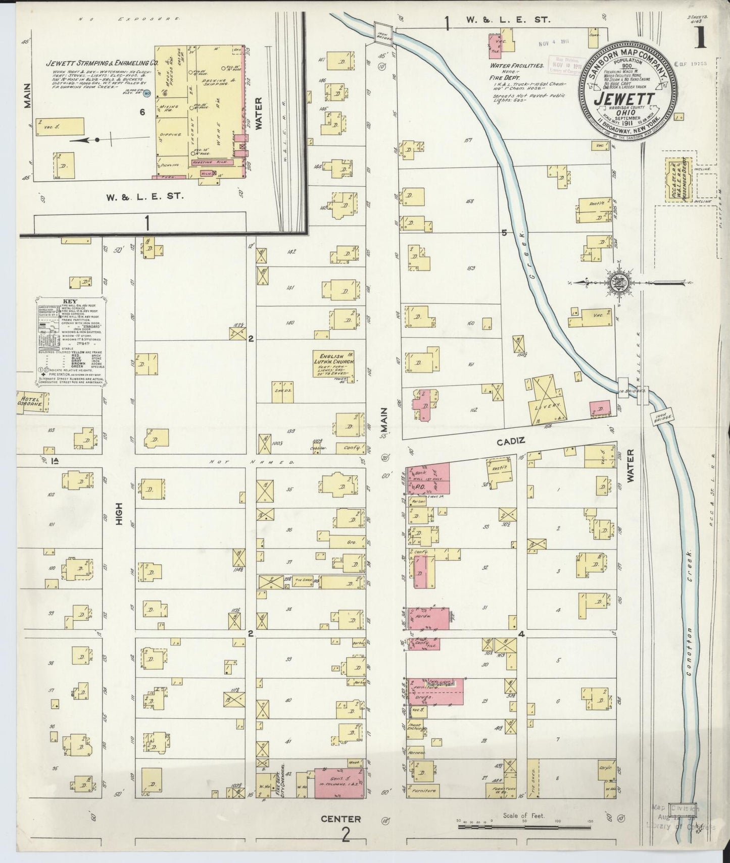 Sanborn Fire Insurance Map from Jewett, Harrison County, Ohio (1911), Sheet #0001 - Historic Sanborn Fire Insurance Map Print, vintage old map wall art, antique decor, genealogy gift, Ohio Ohio map