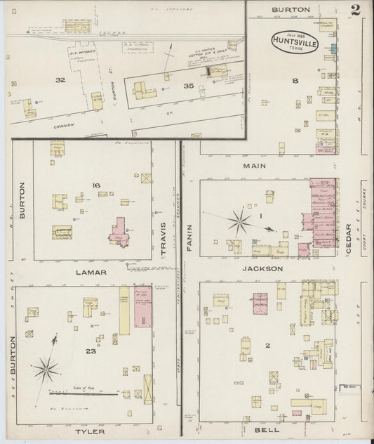 Sanborn Fire Insurance Map from Huntsville, Walker County, Texas (1885), Sheet #0002 - Historic Sanborn Fire Insurance Map Print, vintage old map wall art, antique decor, genealogy gift, Texas Texas map