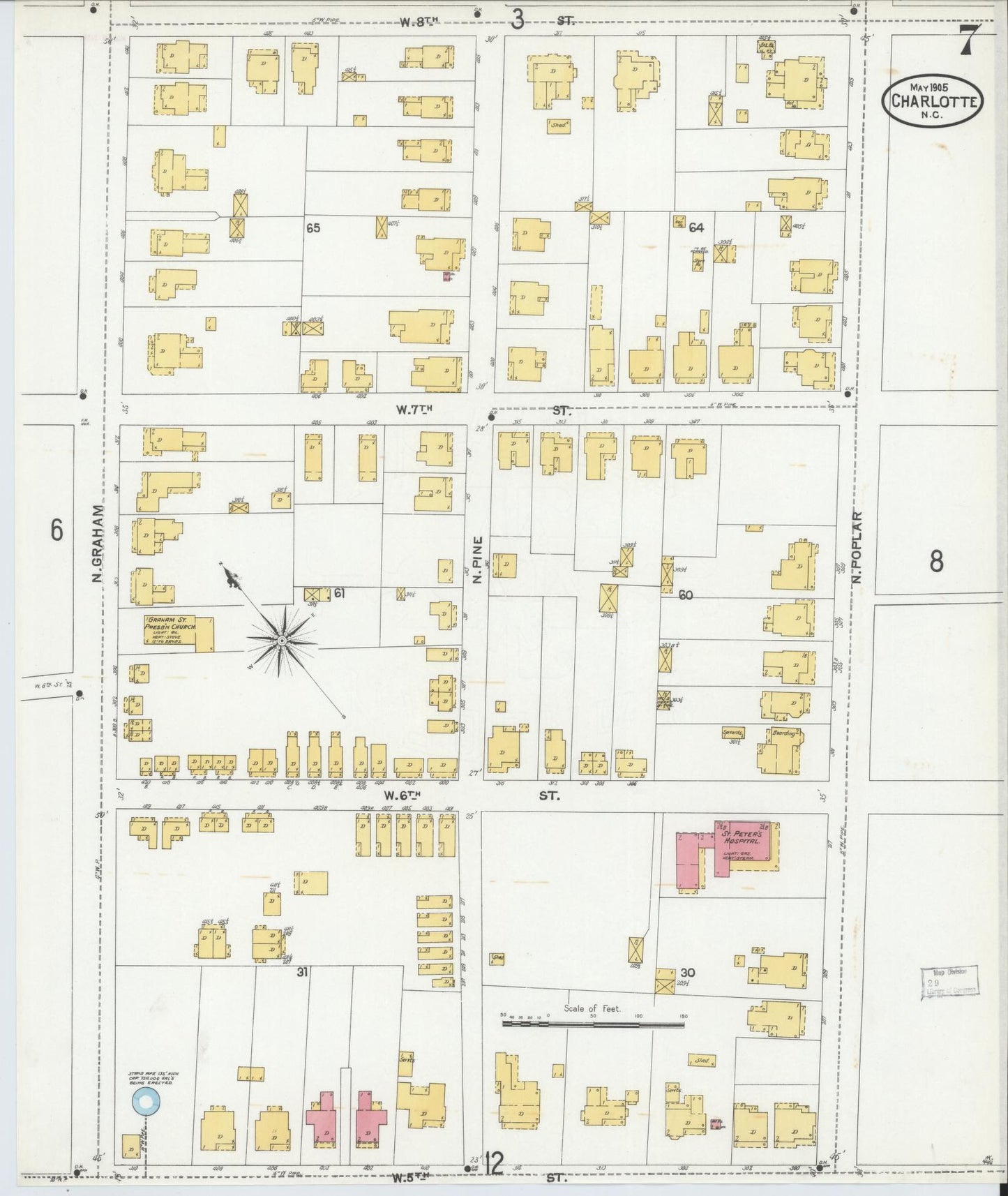 Sanborn Fire Insurance Map from Charlotte, Mecklenburg County, North Carolina (1905), Sheet #0007 - Historic Sanborn Fire Insurance Map Print, vintage old map wall art, antique decor, genealogy gift, North Carolina North Carolina map