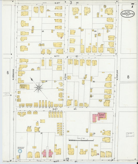 Sanborn Fire Insurance Map from Charlotte, Mecklenburg County, North Carolina (1905), Sheet #0007 - Historic Sanborn Fire Insurance Map Print, vintage old map wall art, antique decor, genealogy gift, North Carolina North Carolina map