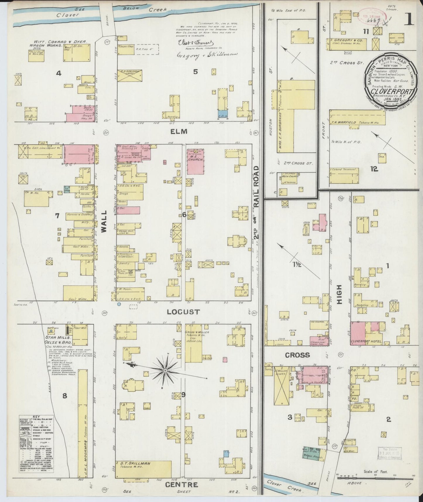 Sanborn Fire Insurance Map from Cloverport, Breckinridge County, Kentucky (1892), Sheet #0001 - Complete Map Set gallery image, historic Sanborn map, vintage wall art, Kentucky Kentucky