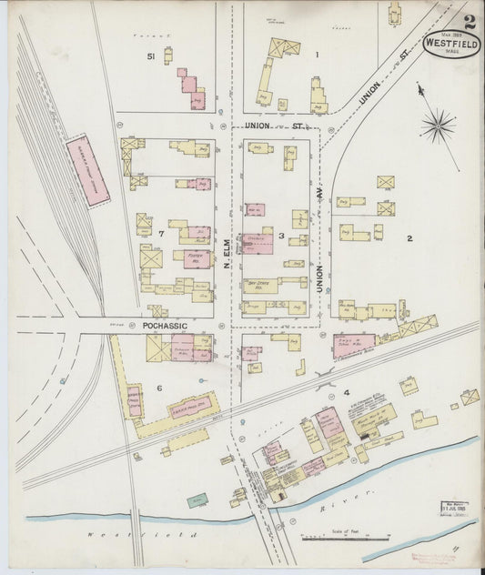 Sanborn Fire Insurance Map from Westfield, Hampden County, Massachusetts (1889), Sheet #0002 - Historic Sanborn Fire Insurance Map Print, vintage old map wall art, antique decor, genealogy gift, Massachusetts Massachusetts map
