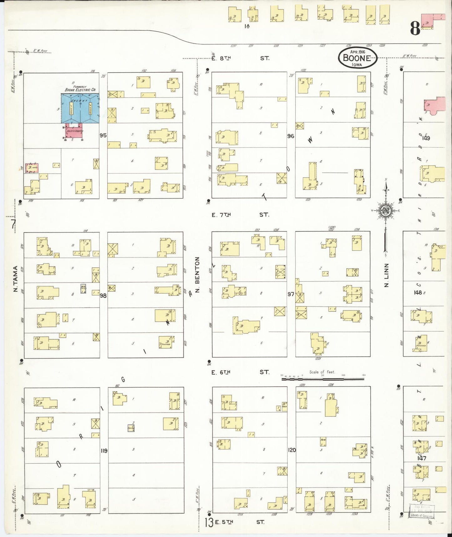 Sanborn Fire Insurance Map from Boone, Boone County, Iowa (1916), Sheet #0008 - Historic Sanborn Fire Insurance Map Print, vintage old map wall art