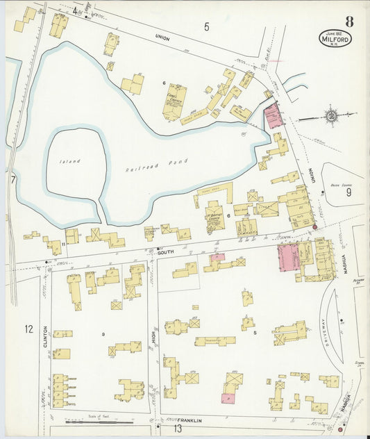 Sanborn Fire Insurance Map from Milford, Hillsborough County, New Hampshire (1912), Sheet #0008 - Historic Sanborn Fire Insurance Map Print, vintage old map wall art, antique decor, genealogy gift, New Hampshire New Hampshire map