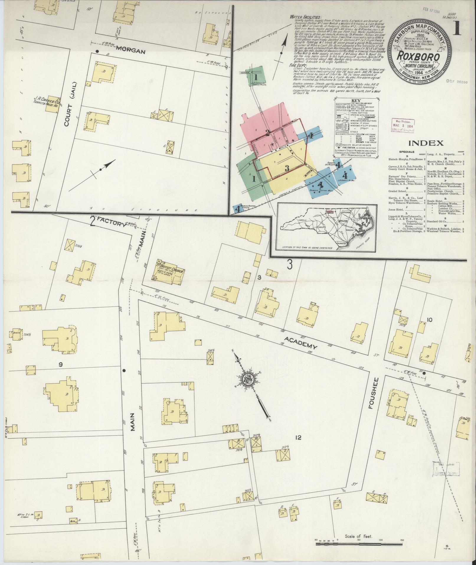 Sanborn Fire Insurance Map from Roxboro, Person County, North Carolina (1914), Sheet #0001 - Historic Sanborn Fire Insurance Map Print, vintage old map wall art, antique decor, genealogy gift, North Carolina North Carolina map