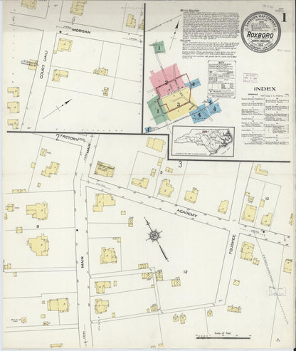 Sanborn Fire Insurance Map from Roxboro, Person County, North Carolina (1914), Sheet #0001 - Historic Sanborn Fire Insurance Map Print, vintage old map wall art, antique decor, genealogy gift, North Carolina North Carolina map