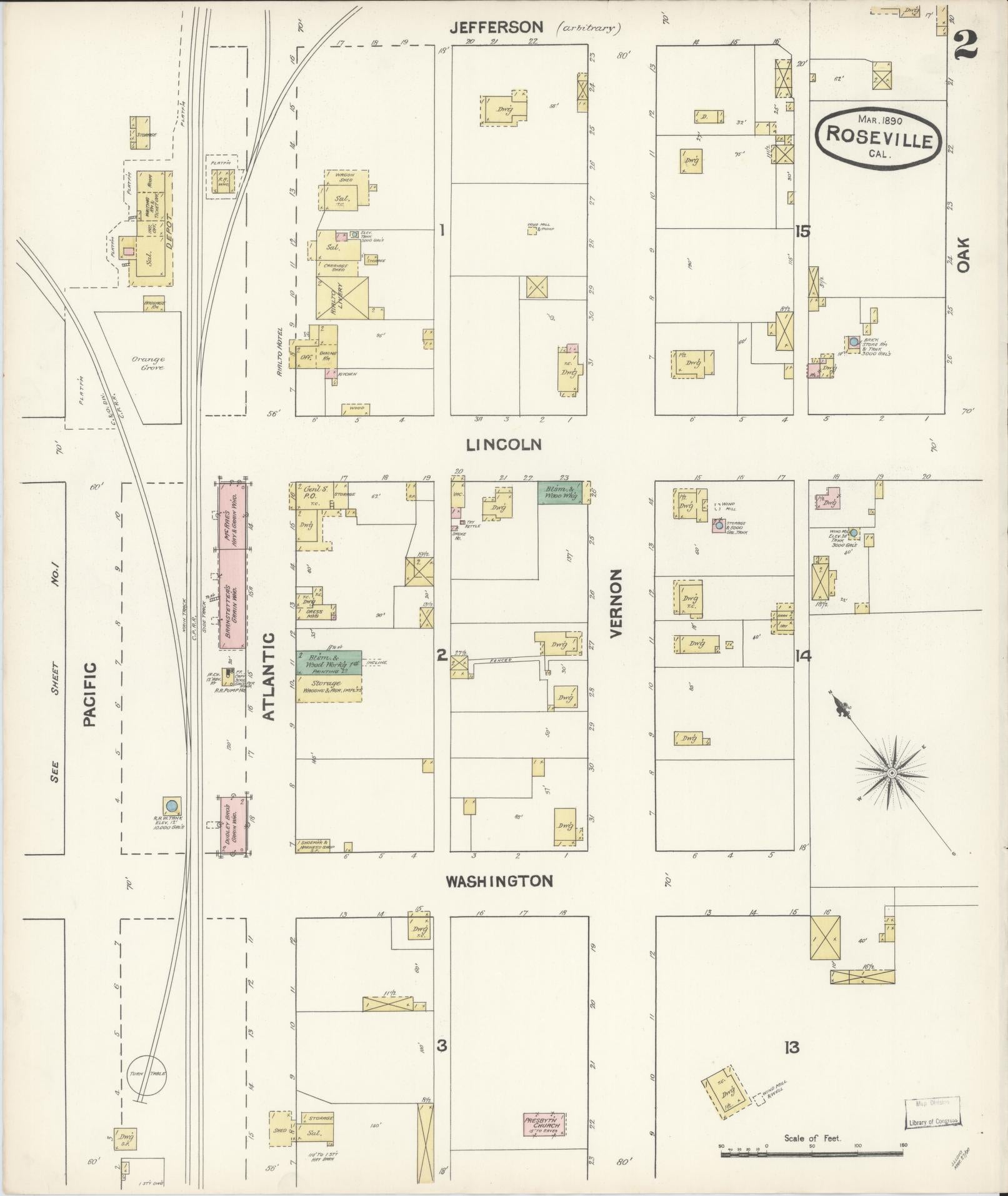 Sanborn Fire Insurance Map from Roseville, Placer County, California (1890), Sheet #0002 - Complete Map Set gallery image, historic Sanborn map, vintage wall art, California California