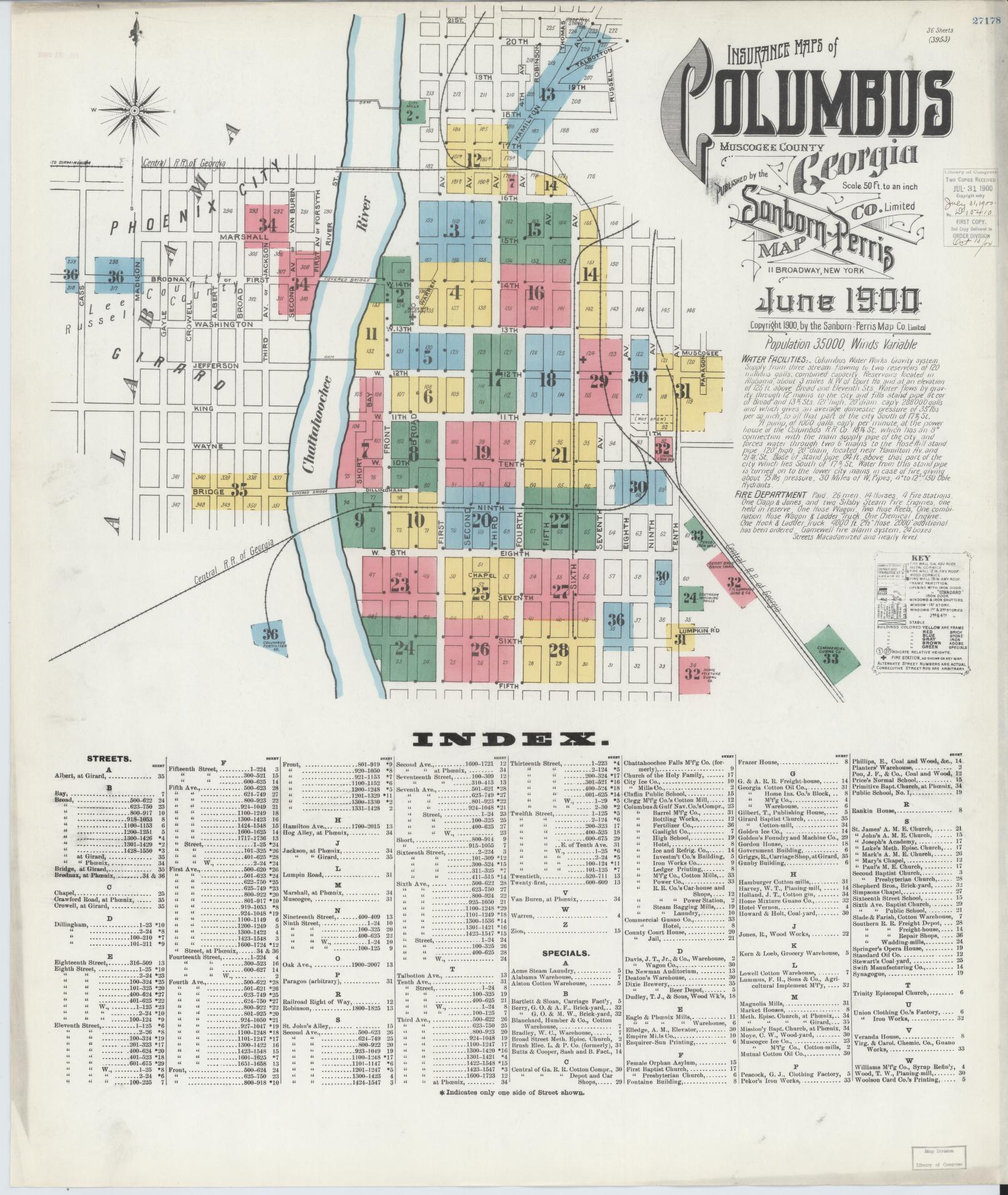 Sanborn Fire Insurance Map from Columbus, Muscogee County, Georgia (1900), Sheet #0001 - Complete Map Set gallery image, historic Sanborn map, vintage wall art, Georgia Georgia