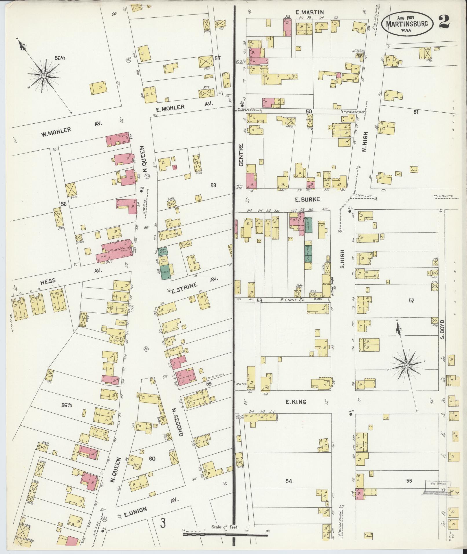 Sanborn Fire Insurance Map from Martinsburg, Berkeley County, West Virginia (1907), Sheet #0002 - Complete Map Set gallery image, historic Sanborn map, vintage wall art, West Virginia West Virginia