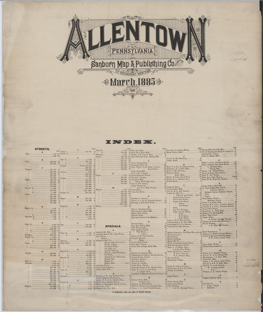 Sanborn Fire Insurance Map from Allentown, Lehigh County, Pennsylvania (1885), Sheet #0001 - Historic Sanborn Fire Insurance Map Print, vintage old map wall art, antique decor, genealogy gift, Pennsylvania Pennsylvania map