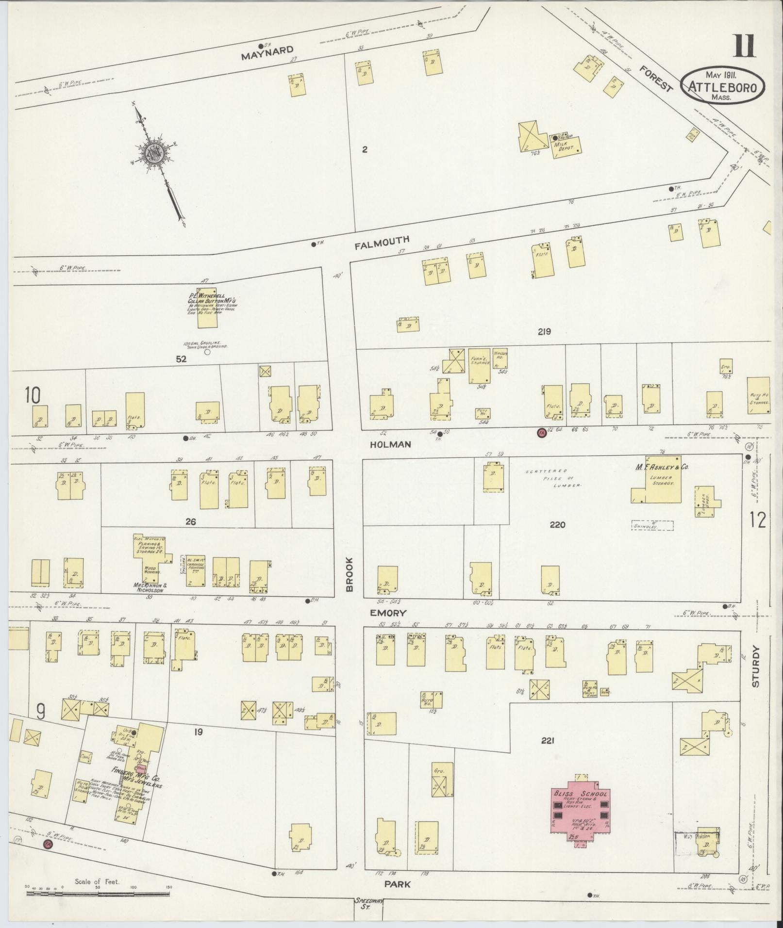 Sanborn Fire Insurance Map from Attleboro, Bristol County, Massachusetts (1911), Sheet #0011 - Complete Map Set gallery image, historic Sanborn map, vintage wall art, Massachusetts Massachusetts