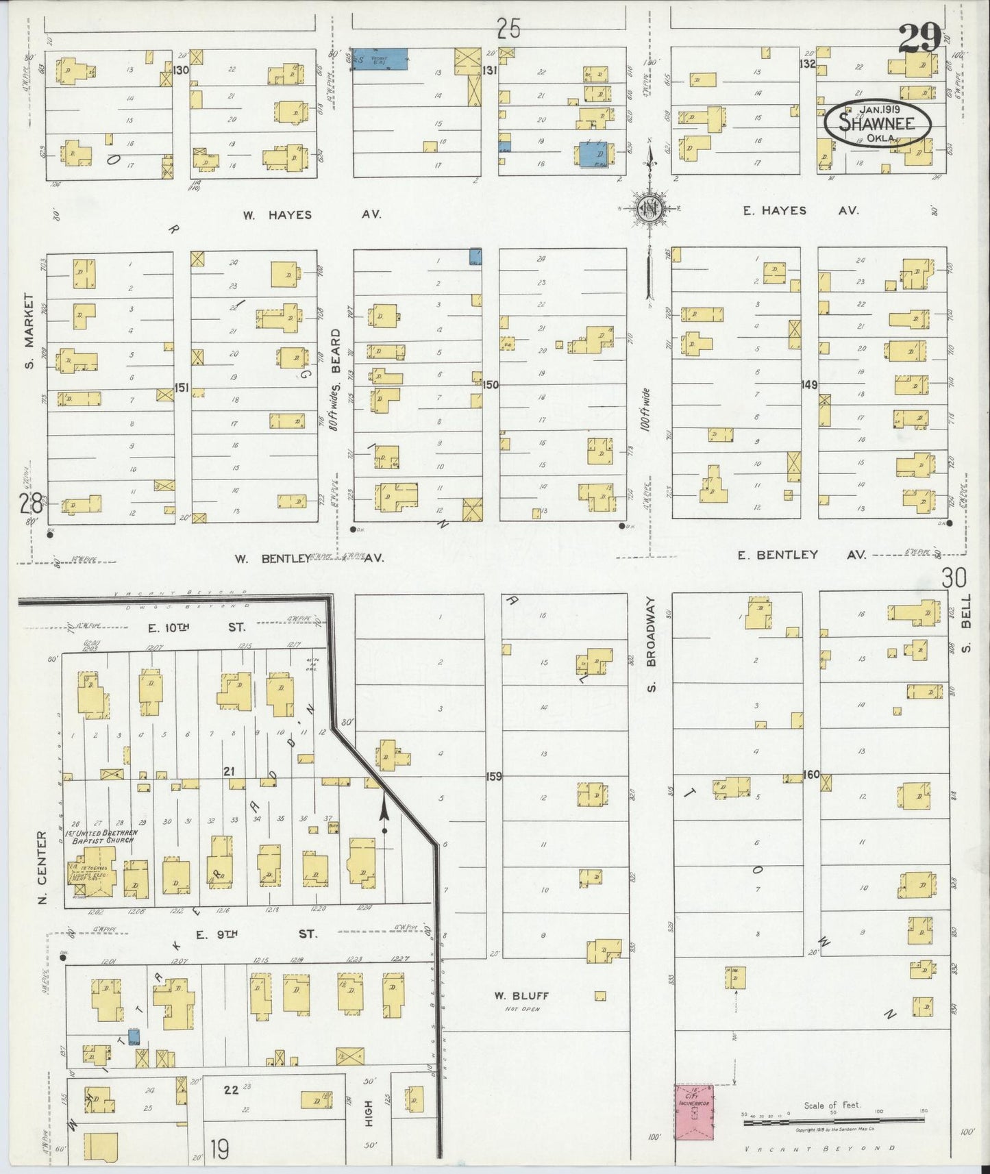 Sanborn Fire Insurance Map from Shawnee, Pottawatomie County, Oklahoma (1919), Sheet #0029 - Complete Map Set gallery image, historic Sanborn map, vintage wall art, Oklahoma Oklahoma