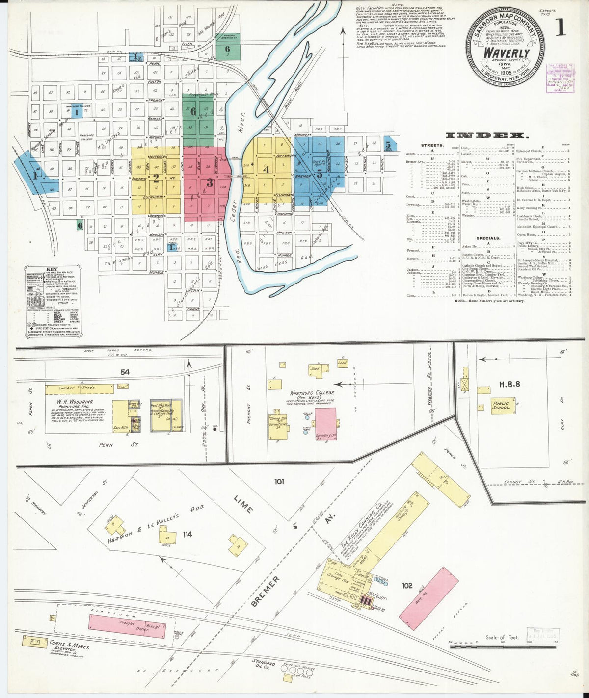 Sanborn Fire Insurance Map from Waverly, Bremer County, Iowa (1905), Sheet #0001 - Historic Sanborn Fire Insurance Map Print, vintage old map wall art