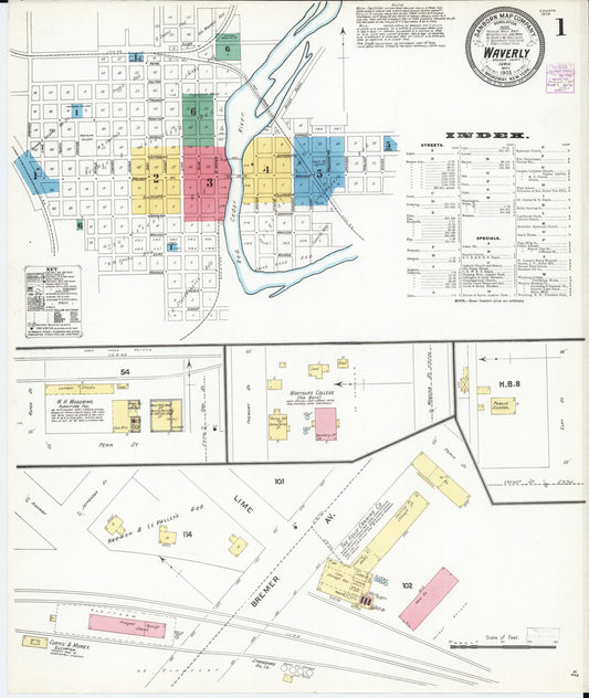 Sanborn Fire Insurance Map from Waverly, Bremer County, Iowa (1905), Sheet #0001 - Historic Sanborn Fire Insurance Map Print, vintage old map wall art