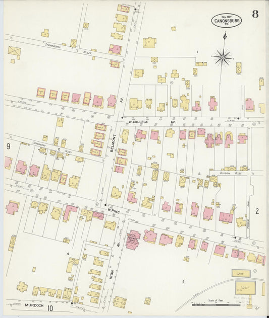Sanborn Fire Insurance Map from Canonsburg, Washington County, Pennsylvania (1907), Sheet #0008 - Historic Sanborn Fire Insurance Map Print, vintage old map wall art, antique decor, genealogy gift, Pennsylvania Pennsylvania map