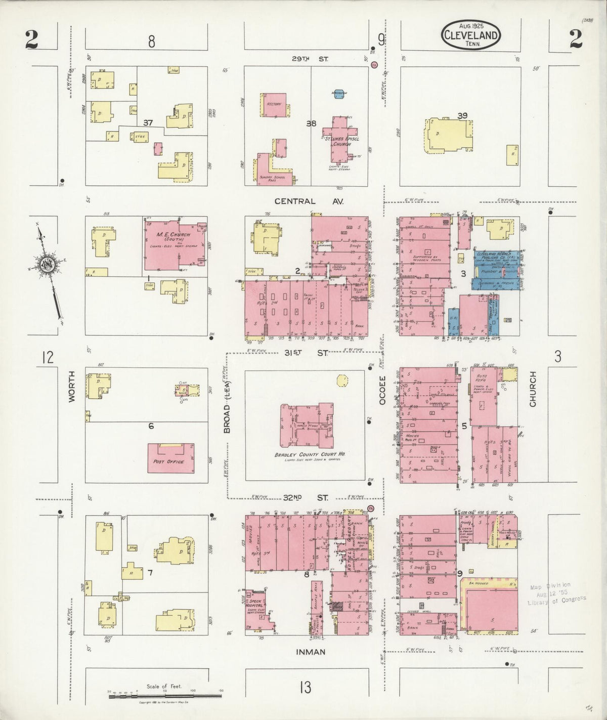 Sanborn Fire Insurance Map from Cleveland, Bradley County, Tennessee (1925), Sheet #0002 - Complete Map Set gallery image, historic Sanborn map, vintage wall art, Tennessee Tennessee