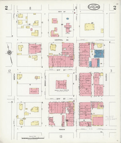 Sanborn Fire Insurance Map from Cleveland, Bradley County, Tennessee (1925), Sheet #0002 - Complete Map Set gallery image, historic Sanborn map, vintage wall art, Tennessee Tennessee