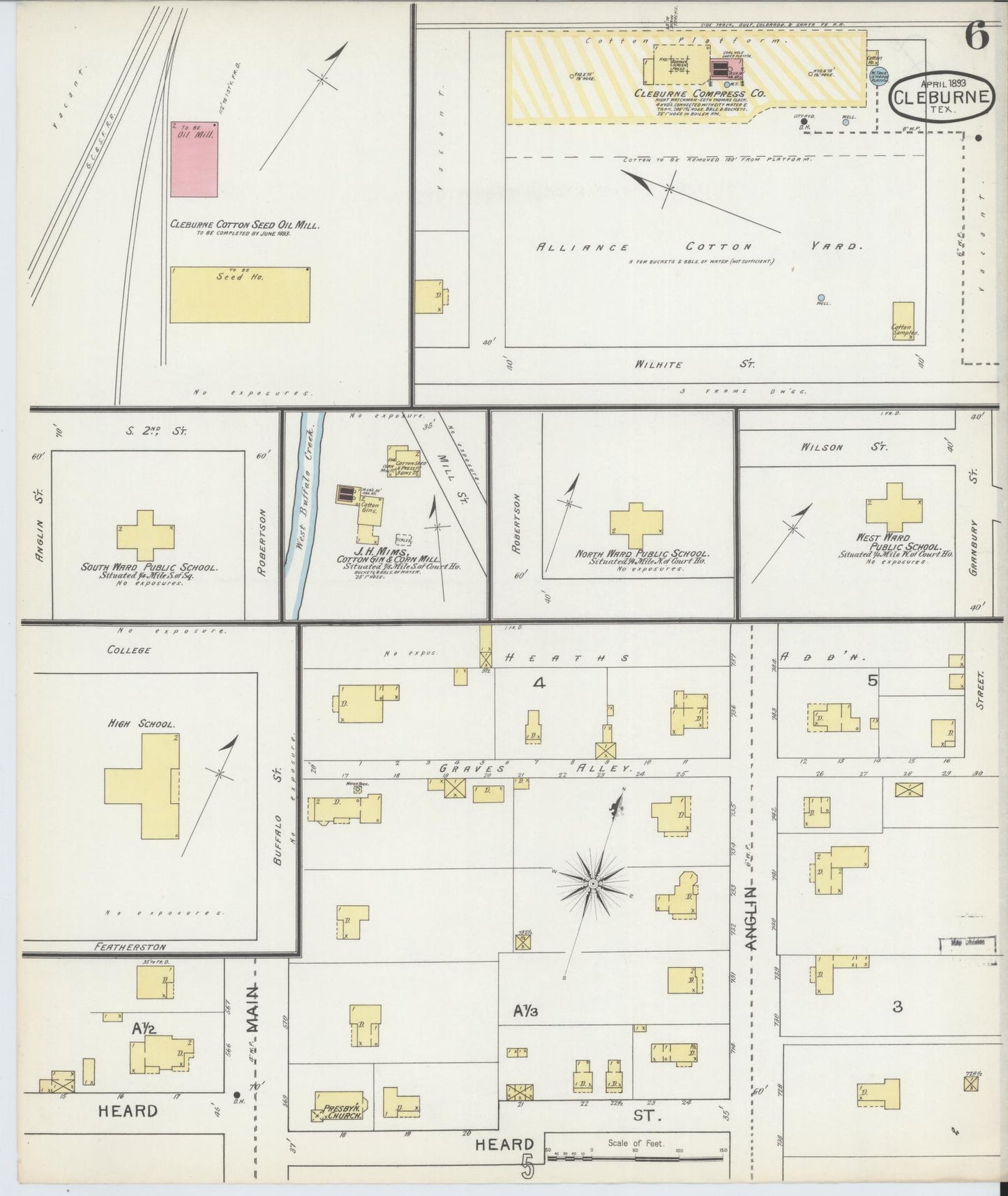 Sanborn Fire Insurance Map from Cleburne, Johnson County, Texas (1893), Sheet #0006 - Historic Sanborn Fire Insurance Map Print, vintage old map wall art, antique decor, genealogy gift, Texas Texas map