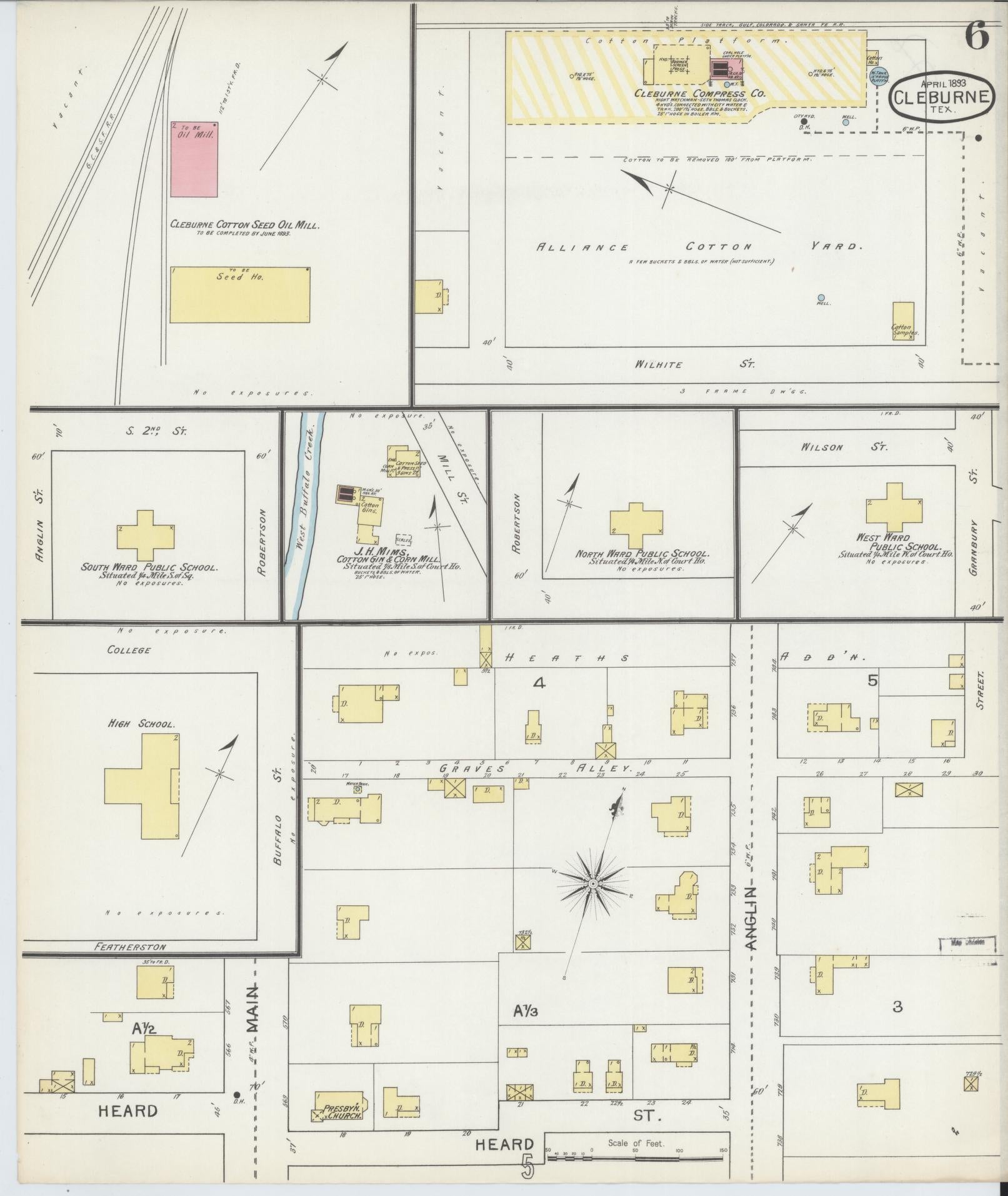 Sanborn Fire Insurance Map from Cleburne, Johnson County, Texas (1893), Sheet #0006 - Historic Sanborn Fire Insurance Map Print, vintage old map wall art, antique decor, genealogy gift, Texas Texas map
