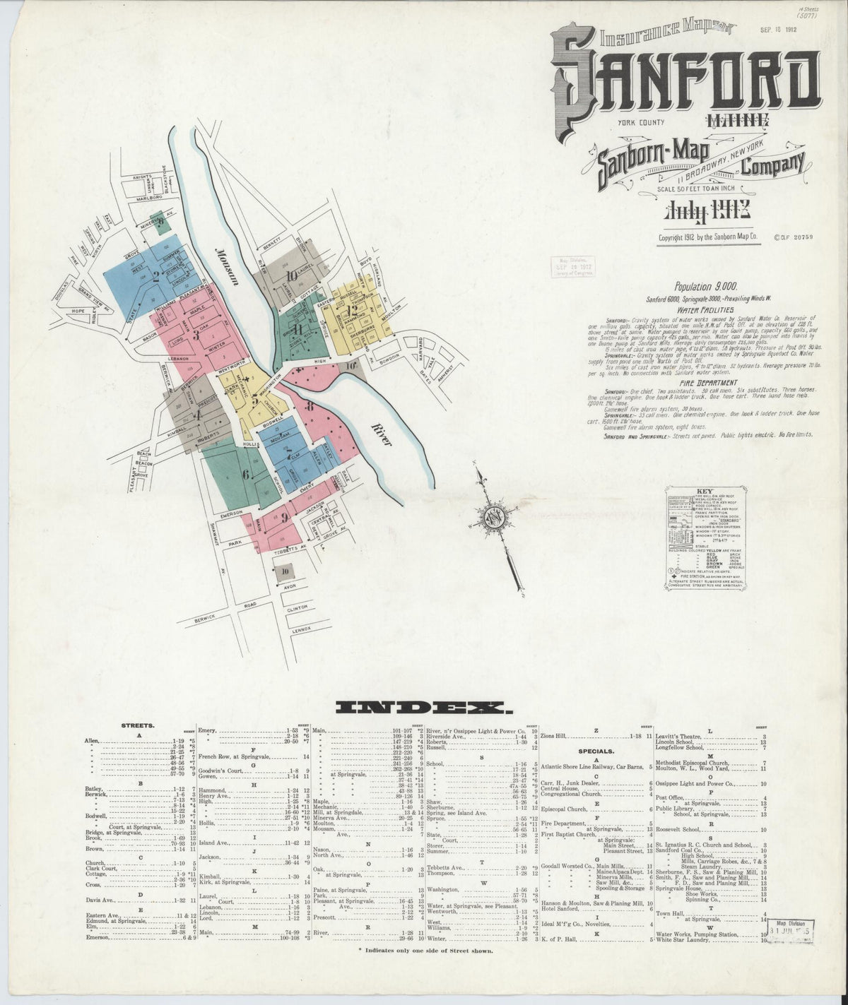 Sanborn Fire Insurance Map from Sanford, York County, Maine (1912), Sheet #0001 - Complete Map Set gallery image, historic Sanborn map, vintage wall art, Maine Maine
