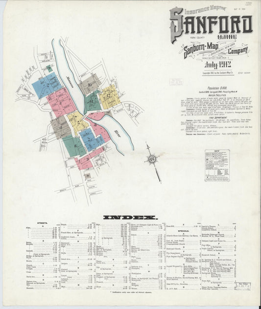 Sanborn Fire Insurance Map from Sanford, York County, Maine (1912), Sheet #0001 - Complete Map Set gallery image, historic Sanborn map, vintage wall art, Maine Maine