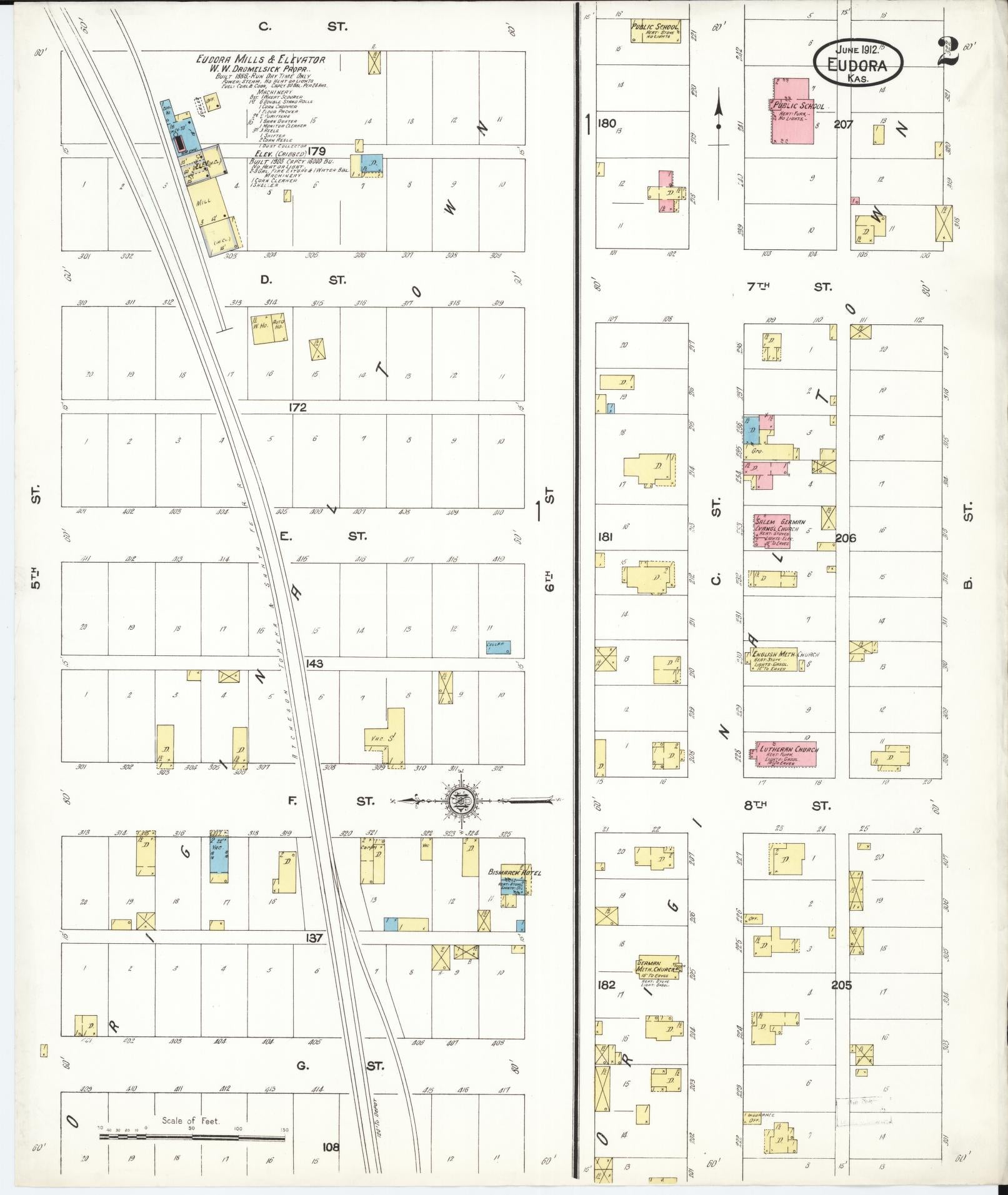 Sanborn Fire Insurance Map from Eudora, Douglas County, Kansas (1912), Sheet #0002 - Historic Sanborn Fire Insurance Map Print, vintage old map wall art, antique decor, genealogy gift, Kansas Kansas map
