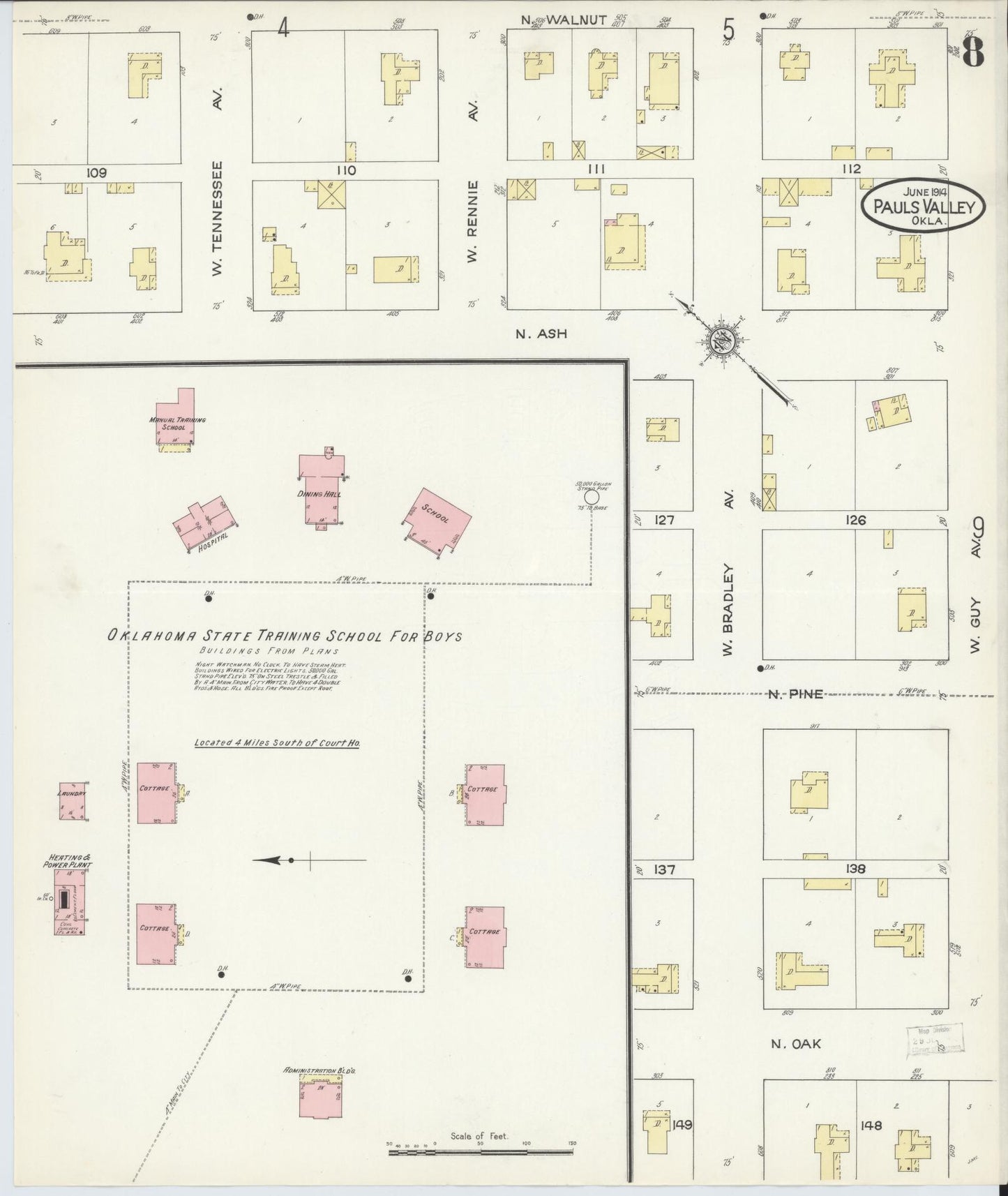 Sanborn Fire Insurance Map from Pauls Valley, Garvin County, Oklahoma (1914), Sheet #0008 - Historic Sanborn Fire Insurance Map Print, vintage old map wall art, antique decor, genealogy gift, Oklahoma Oklahoma map