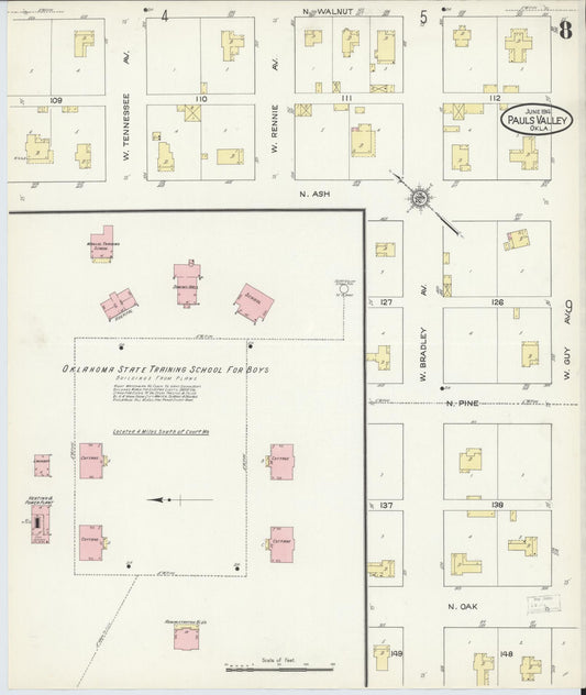 Sanborn Fire Insurance Map from Pauls Valley, Garvin County, Oklahoma (1914), Sheet #0008 - Historic Sanborn Fire Insurance Map Print, vintage old map wall art, antique decor, genealogy gift, Oklahoma Oklahoma map