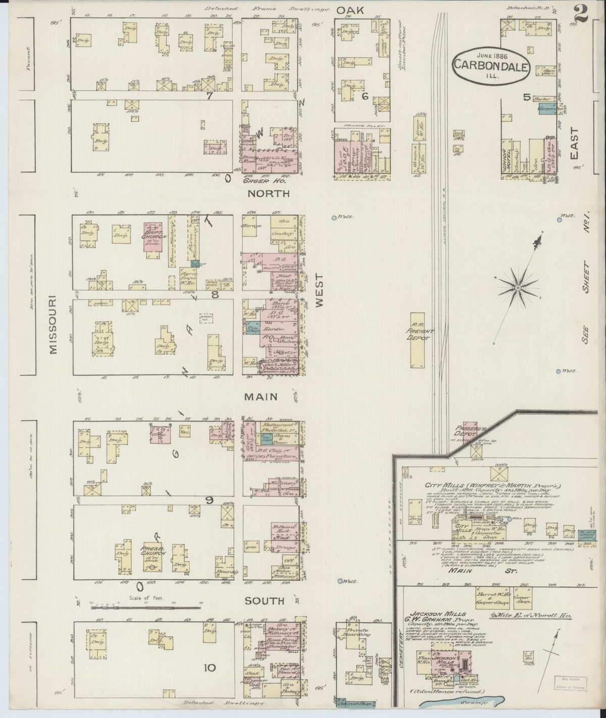 Sanborn Fire Insurance Map from Carbondale, Jackson County, Illinois (1886), Sheet #0002 - Complete Map Set gallery image, historic Sanborn map, vintage wall art, Illinois Illinois