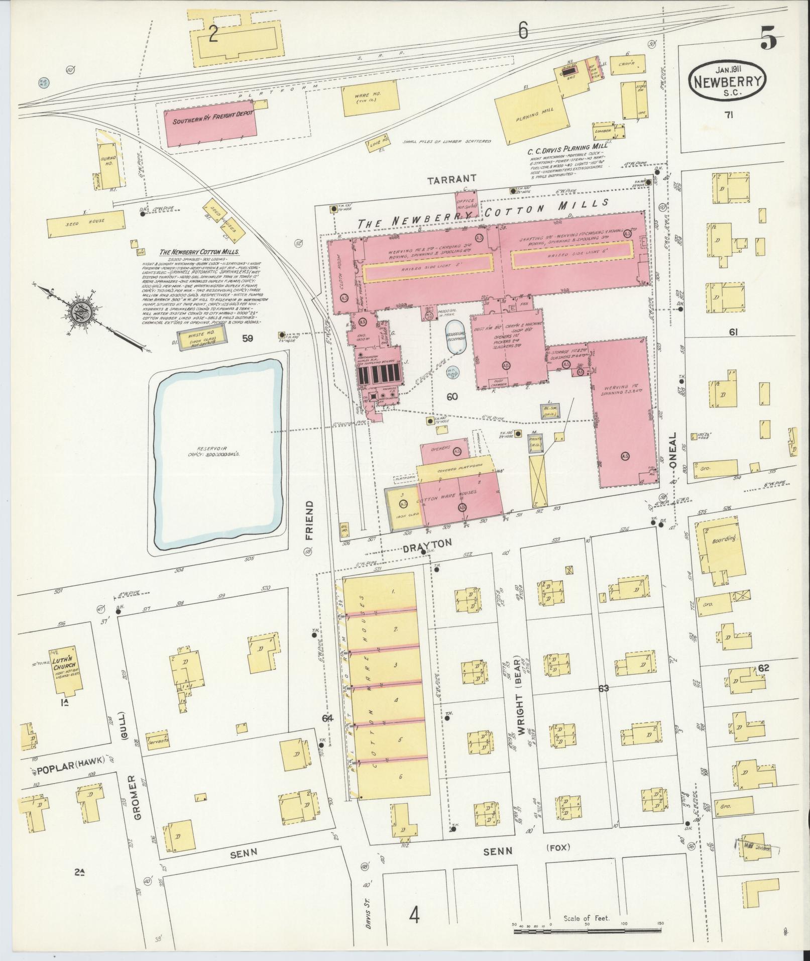 Sanborn Fire Insurance Map from Newberry, Newberry County, South Carolina (1911), Sheet #0005 - Complete Map Set gallery image, historic Sanborn map, vintage wall art, South Carolina South Carolina