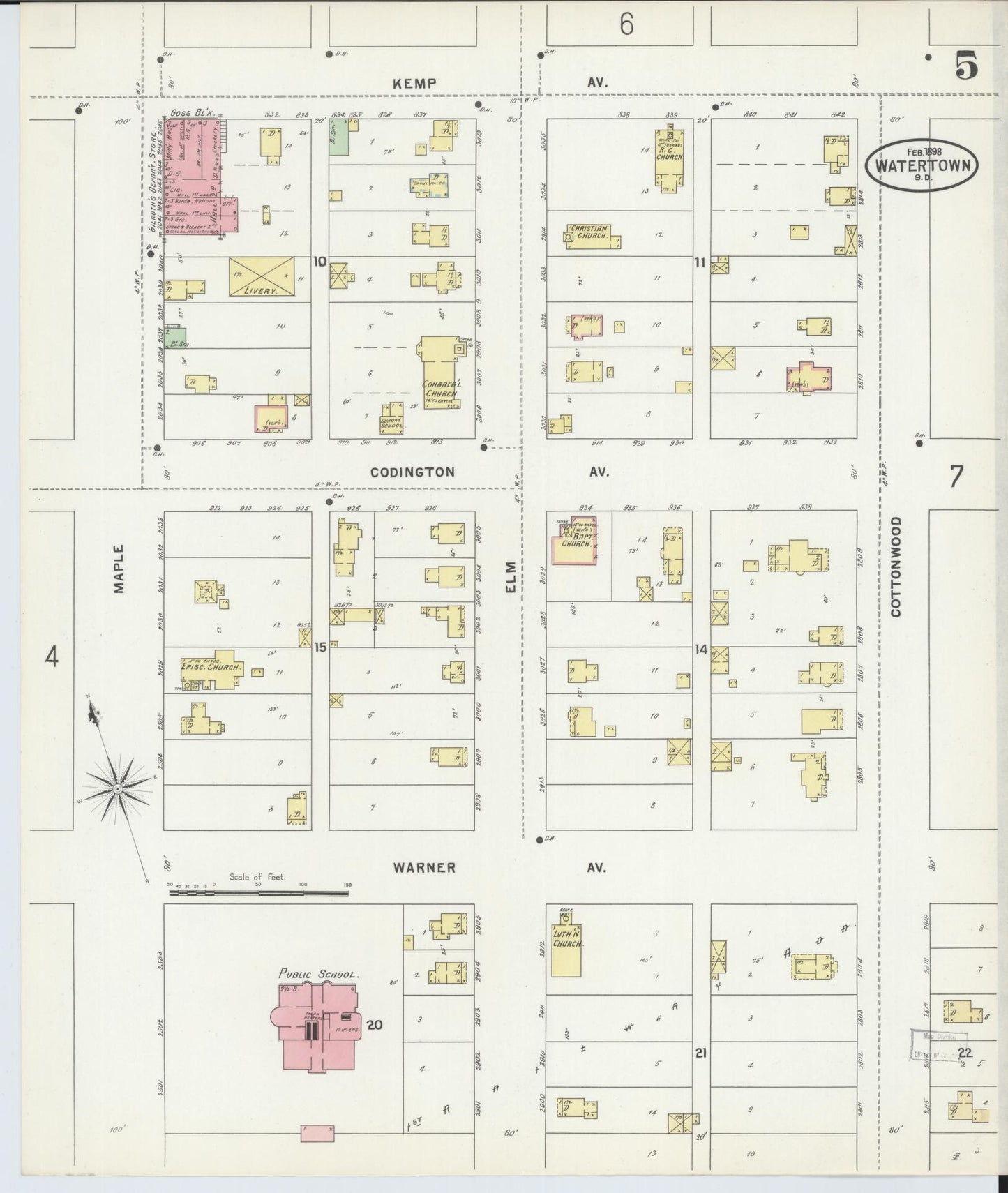 Sanborn Fire Insurance Map from Watertown, Codington County, South Dakota (1898), Sheet #0005 - Complete Map Set gallery image, historic Sanborn map, vintage wall art, South Dakota South Dakota