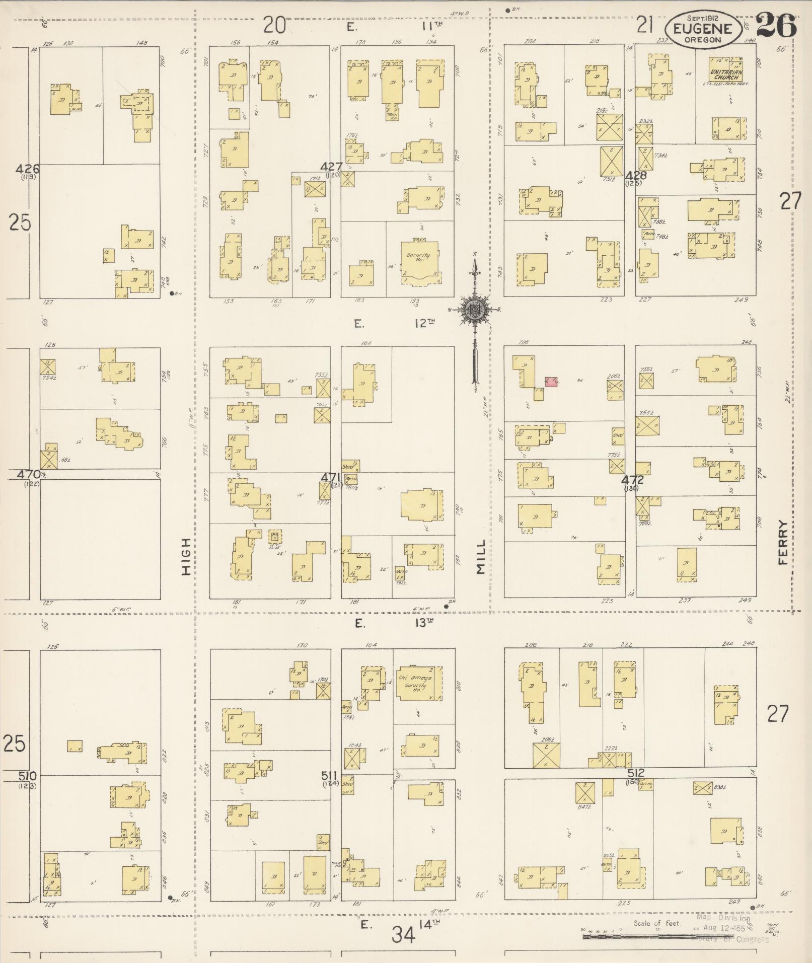 Sanborn Fire Insurance Map from Eugene, Lane County, Oregon (1912), Sheet #0026 - Complete Map Set gallery image, historic Sanborn map, vintage wall art, Oregon Oregon