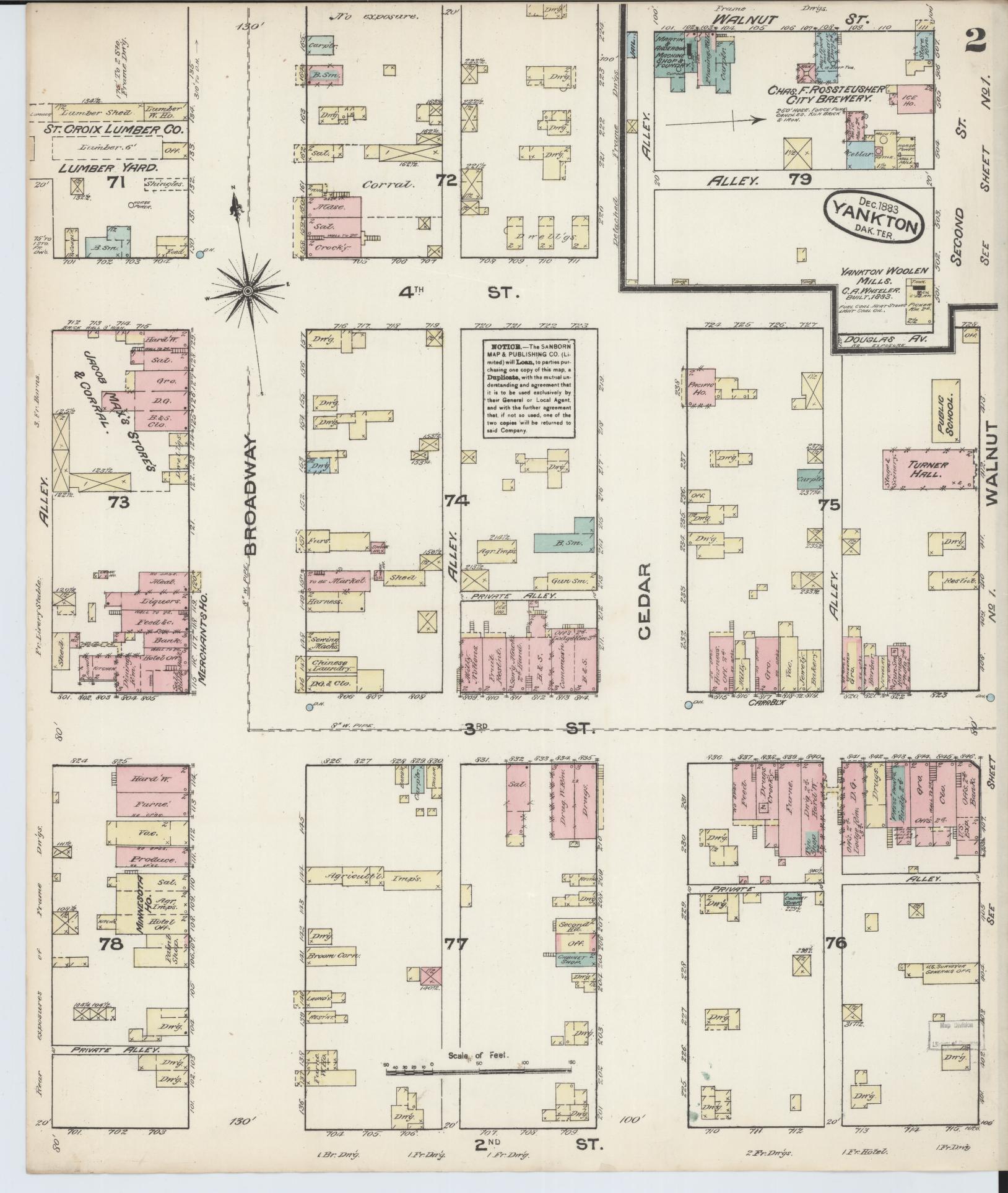 Sanborn Fire Insurance Map from Yankton, Yankton County, South Dakota (1883), Sheet #0002 - Historic Sanborn Fire Insurance Map Print, vintage old map wall art, antique decor, genealogy gift, South Dakota South Dakota map