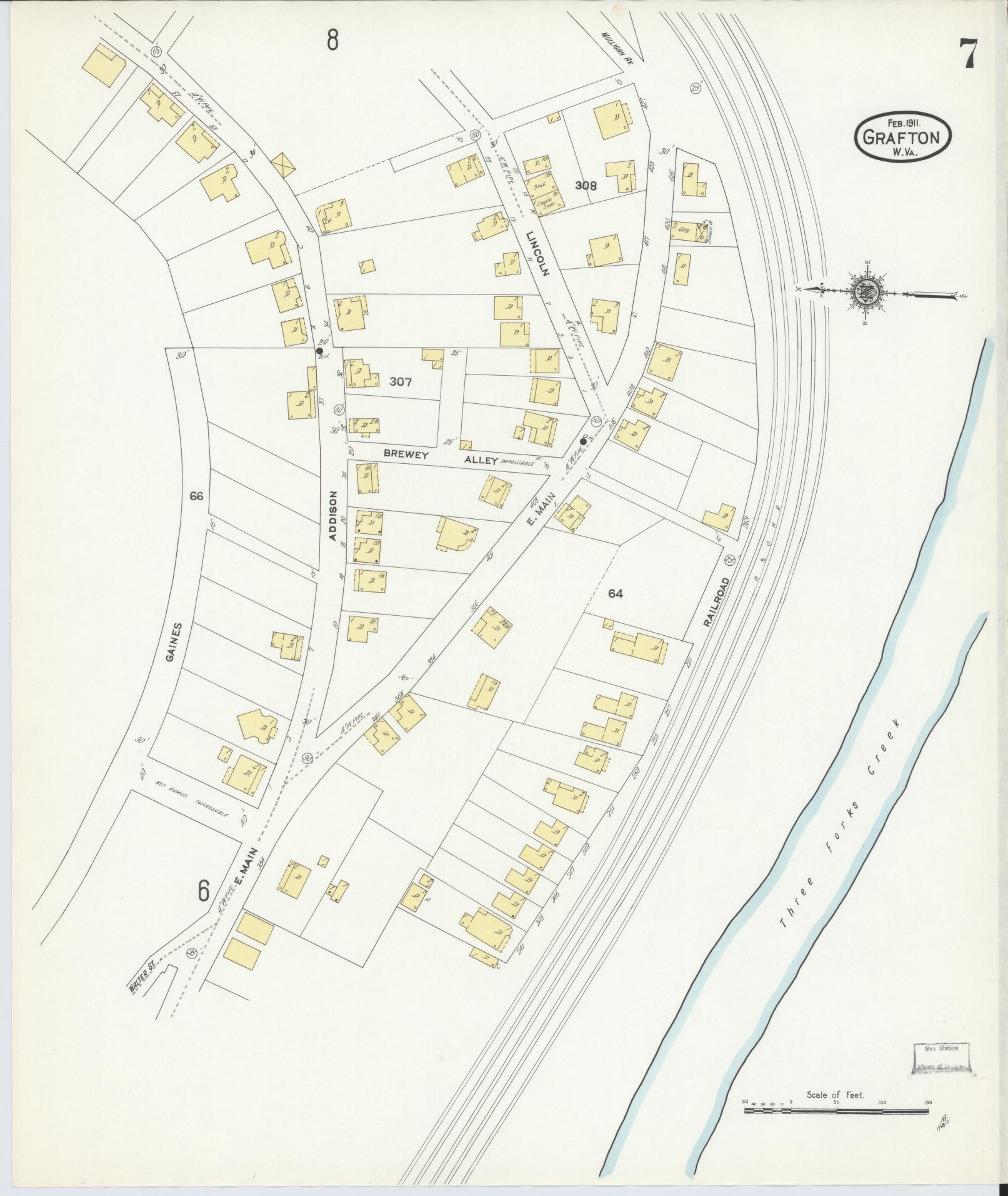 Sanborn Fire Insurance Map from Grafton, Taylor County, West Virginia (1911), Sheet #0007 - Historic Sanborn Fire Insurance Map Print, vintage old map wall art, antique decor, genealogy gift, West Virginia West Virginia map