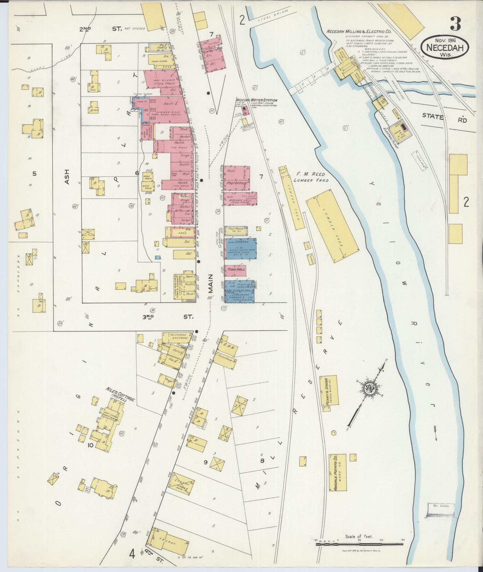 Sanborn Fire Insurance Map from Necedah, Juneau County, Wisconsin (1916), Sheet #0003 - Complete Map Set gallery image, historic Sanborn map, vintage wall art, Wisconsin Wisconsin