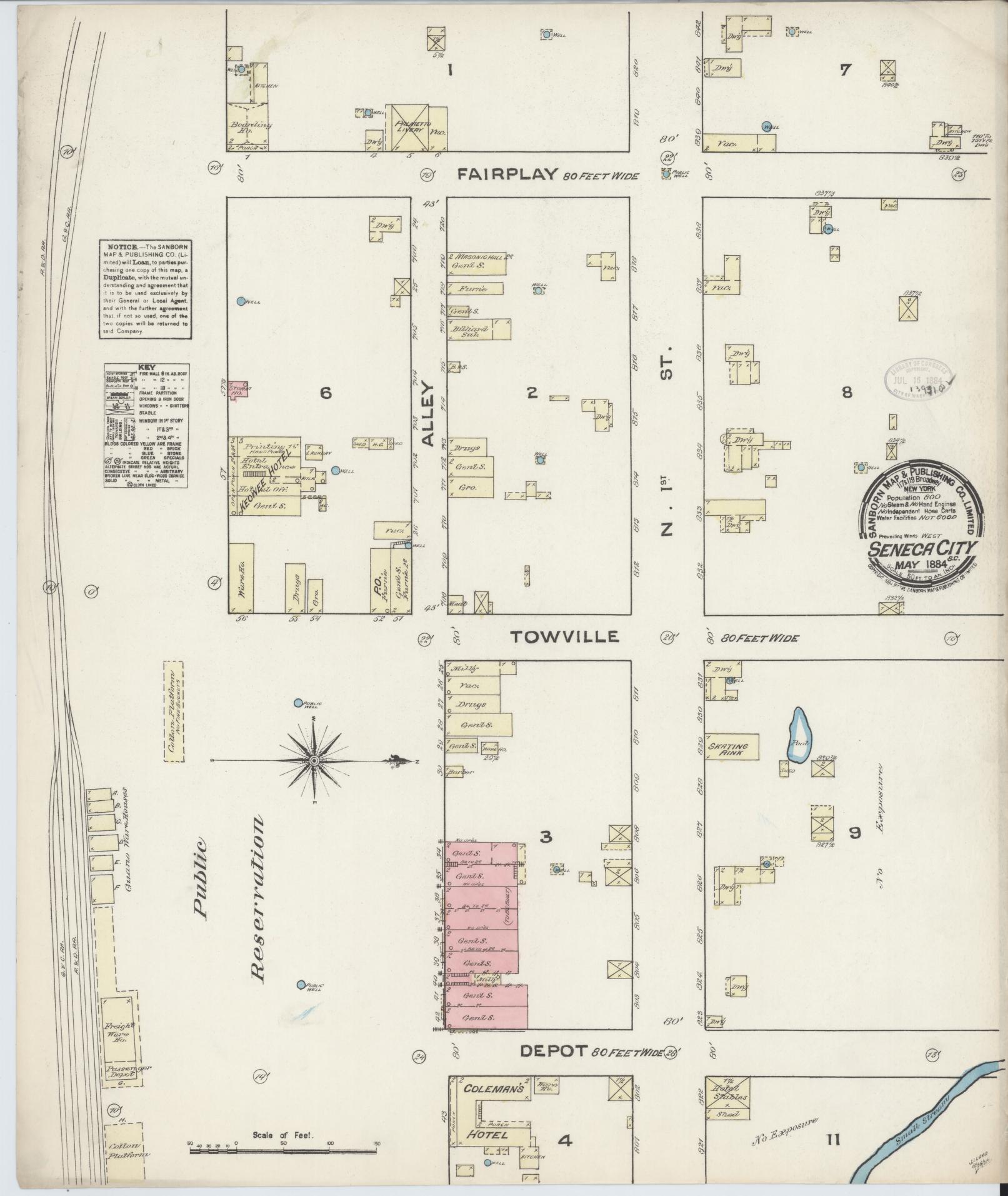Sanborn Fire Insurance Map from Seneca, Oconee County, South Carolina (1884), Sheet #0001 - Historic Sanborn Fire Insurance Map Print, vintage old map wall art, antique decor, genealogy gift, South Carolina South Carolina map