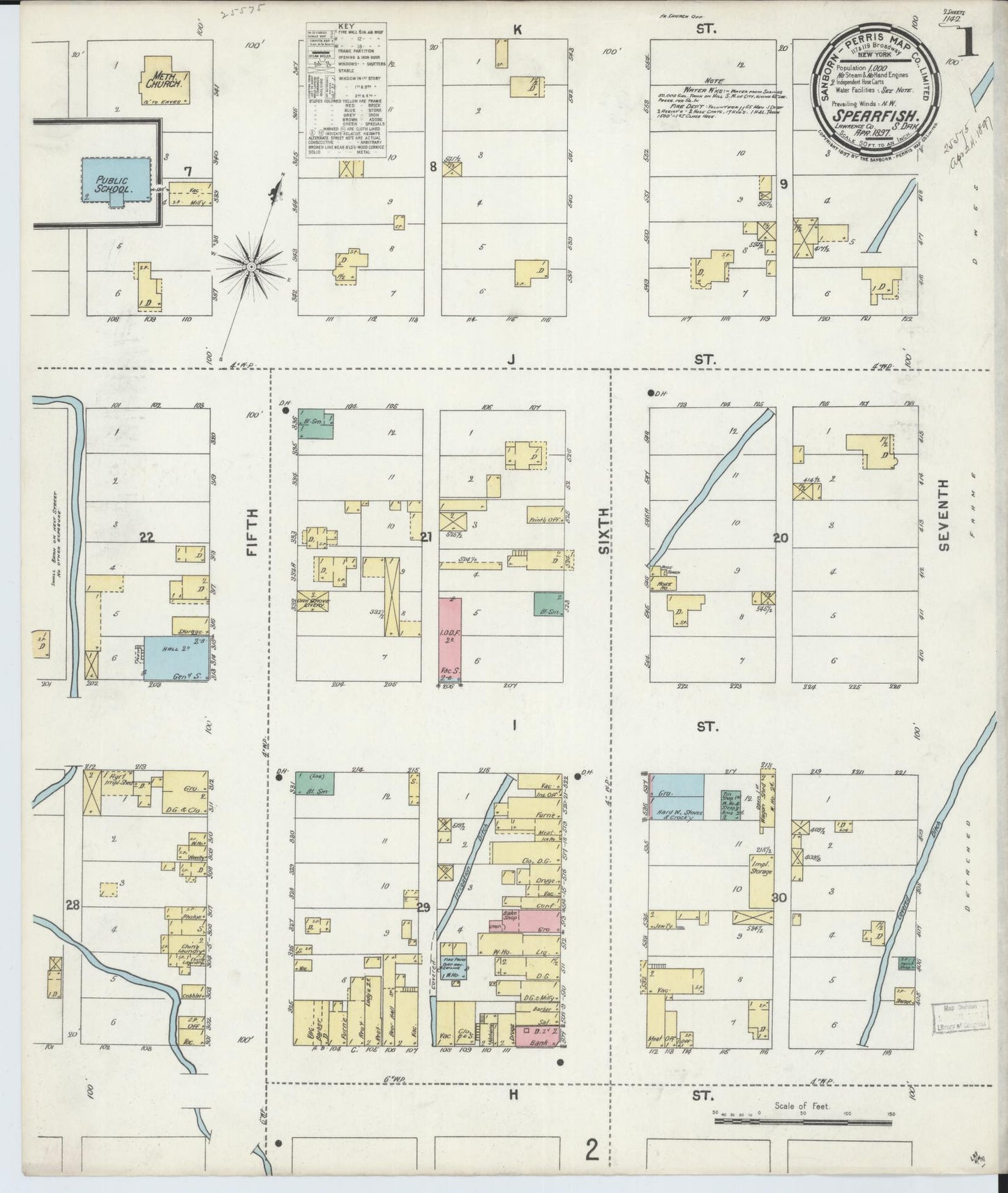 Sanborn Fire Insurance Map from Spearfish, Lawrence County, South Dakota (1897), Sheet #0001 - Historic Sanborn Fire Insurance Map Print, vintage old map wall art, antique decor, genealogy gift, South Dakota South Dakota map