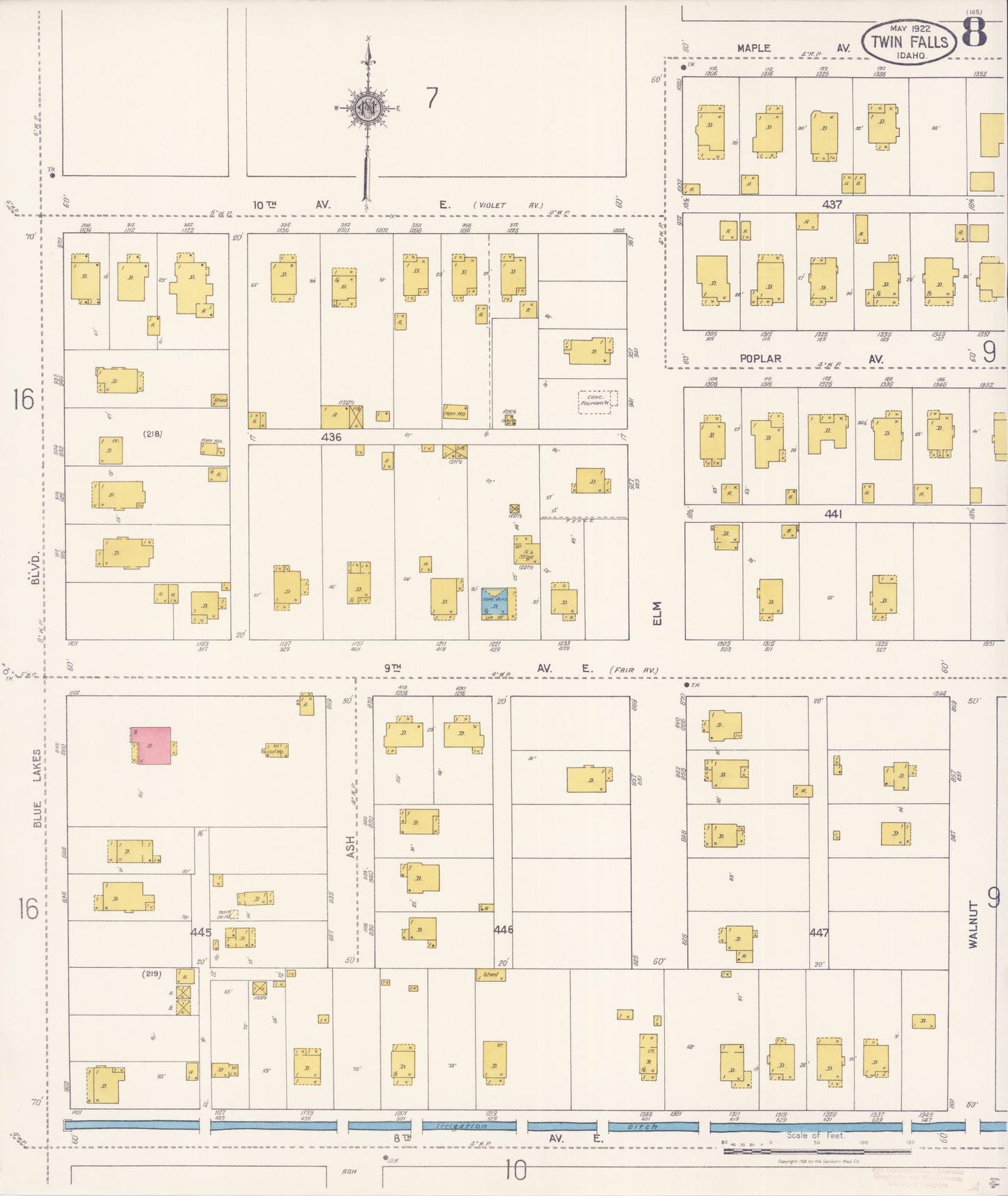 Sanborn Fire Insurance Map from Twin Falls, Twin Falls County, Idaho (1922), Sheet #0008 - Complete Map Set gallery image, historic Sanborn map, vintage wall art, Falls Idaho