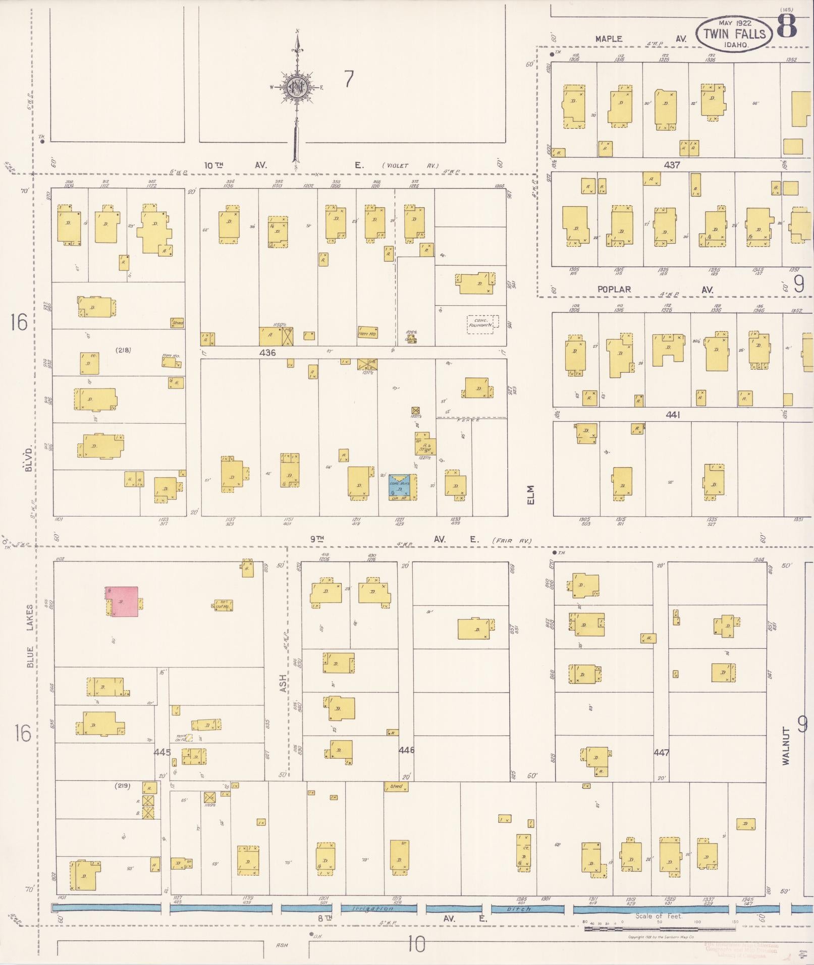 Sanborn Fire Insurance Map from Twin Falls, Twin Falls County, Idaho (1922), Sheet #0008 - Complete Map Set gallery image, historic Sanborn map, vintage wall art, Falls Idaho