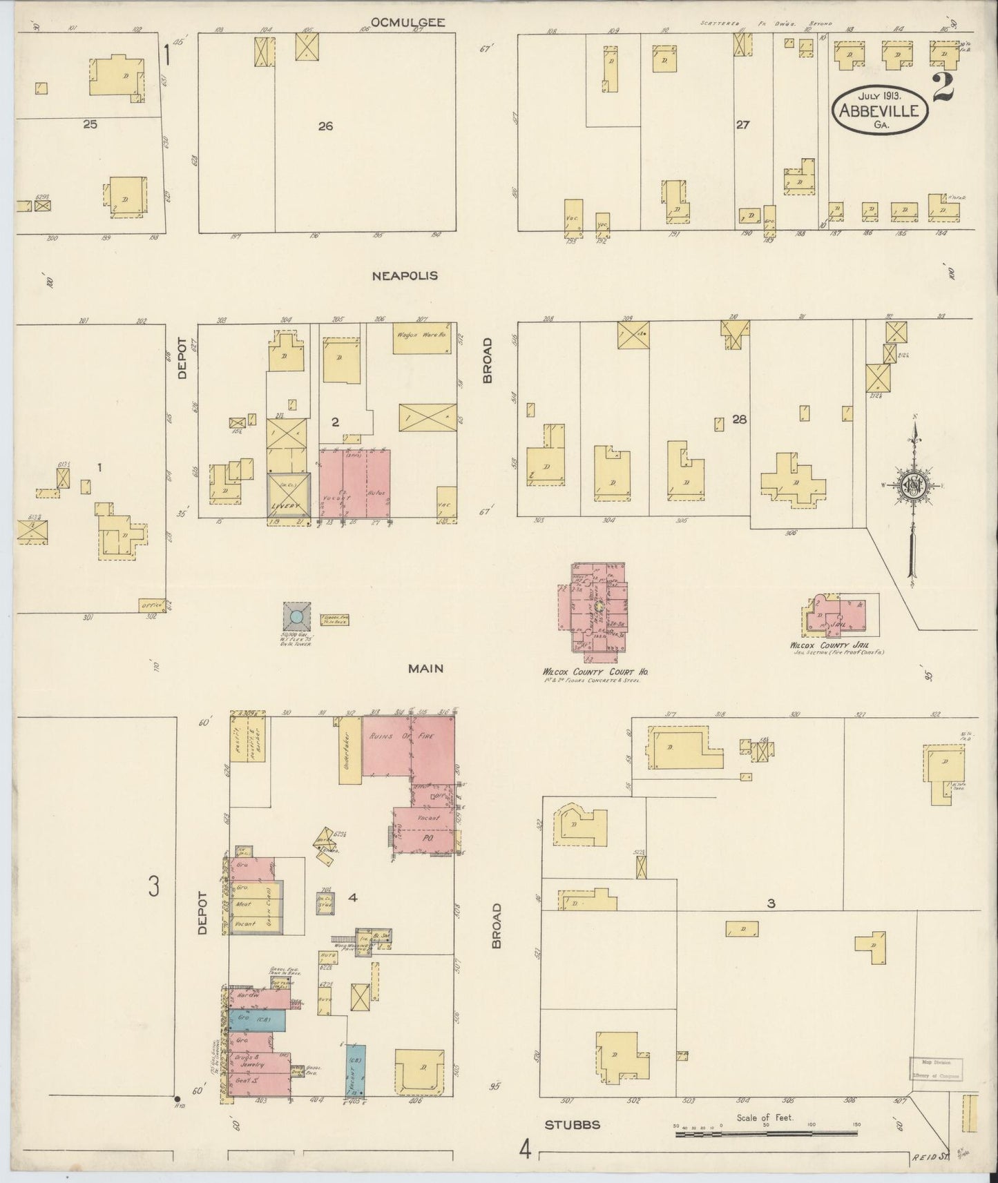 Sanborn Fire Insurance Map from Abbeville, Wilcox County, Georgia (1913), Sheet #0002 - Historic Sanborn Fire Insurance Map Print, vintage old map wall art, antique decor, genealogy gift, Georgia Georgia map