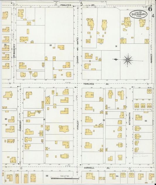 Sanborn Fire Insurance Map from Dyersburg, Dyer County, Tennessee (1905), Sheet #0006 - Historic Sanborn Fire Insurance Map Print, vintage old map wall art, antique decor, genealogy gift, Tennessee Tennessee map