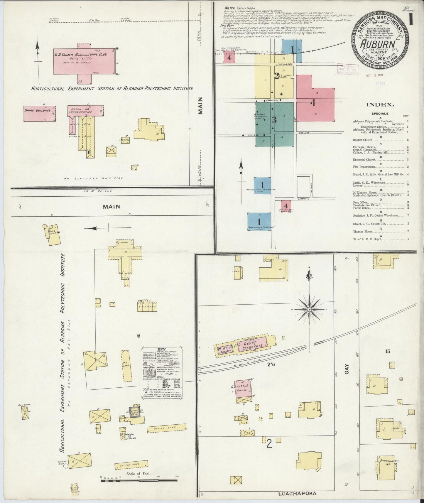 Sanborn Fire Insurance Map from Auburn, Lee County, Alabama (1909), Sheet #0001 - Complete Map Set gallery image, historic Sanborn map, vintage wall art, Alabama Alabama