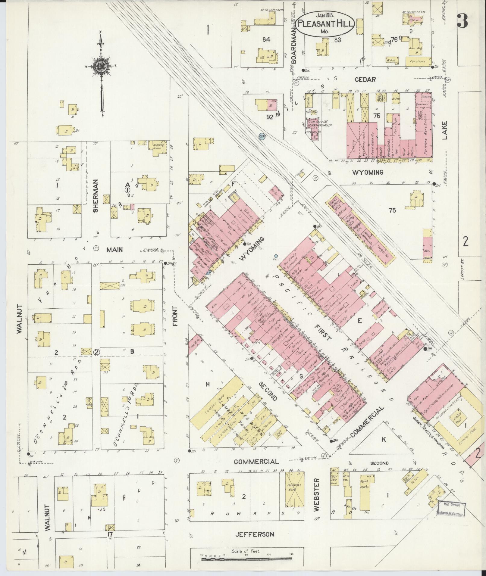 Sanborn Fire Insurance Map from Pleasant Hill, Cass County, Missouri (1913), Sheet #0003 - Complete Map Set gallery image, historic Sanborn map, vintage wall art, Missouri Missouri