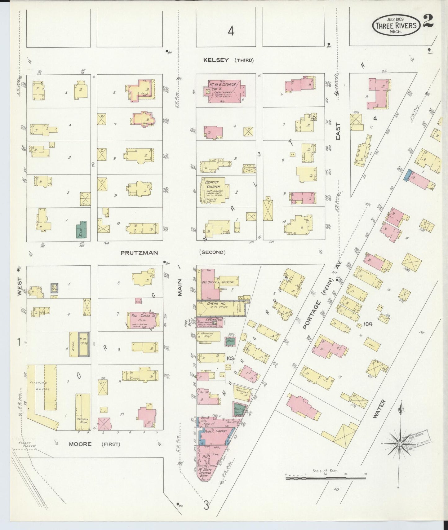 Sanborn Fire Insurance Map from Three Rivers, Saint Joseph County, Michigan (1909), Sheet #0002 - Historic Sanborn Fire Insurance Map Print, vintage old map wall art, antique decor, genealogy gift, Michigan Michigan map