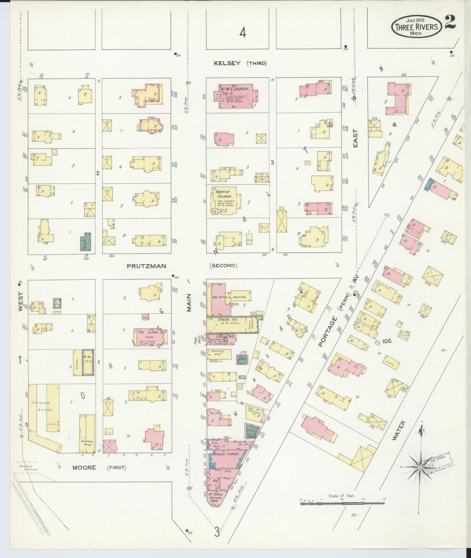 Sanborn Fire Insurance Map from Three Rivers, Saint Joseph County, Michigan (1909), Sheet #0002 - Historic Sanborn Fire Insurance Map Print, vintage old map wall art, antique decor, genealogy gift, Michigan Michigan map