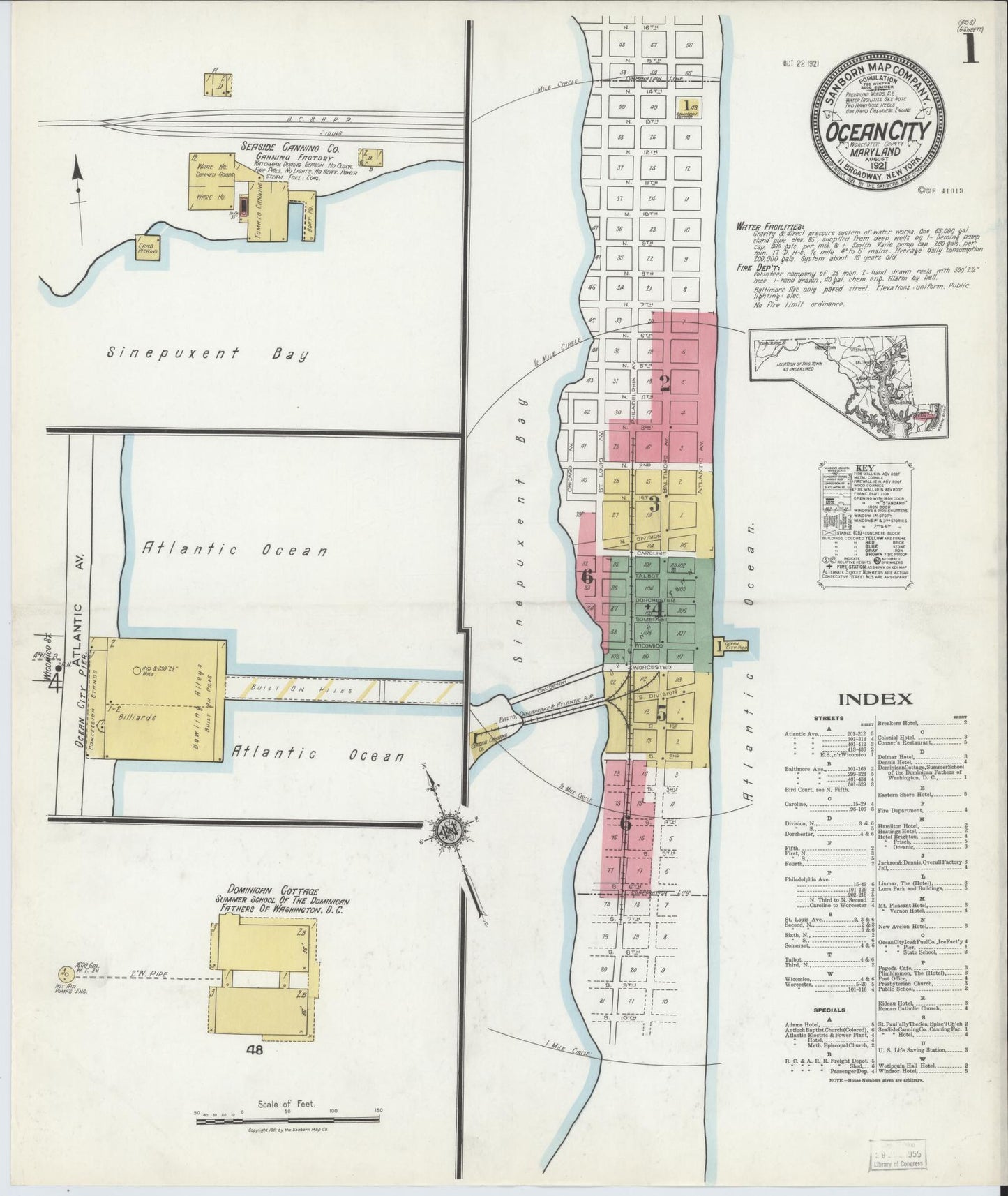 Sanborn Fire Insurance Map from Ocean City, Worcester County, Maryland (1921), Sheet #0001 - Complete Map Set gallery image, historic Sanborn map, vintage wall art, Maryland Maryland