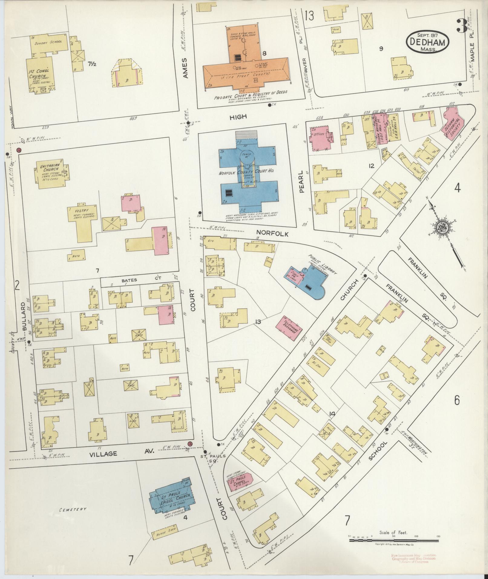 Sanborn Fire Insurance Map from Dedham, Norfolk County, Massachusetts (1917), Sheet #0003 - Complete Map Set gallery image, historic Sanborn map, vintage wall art, Massachusetts Massachusetts