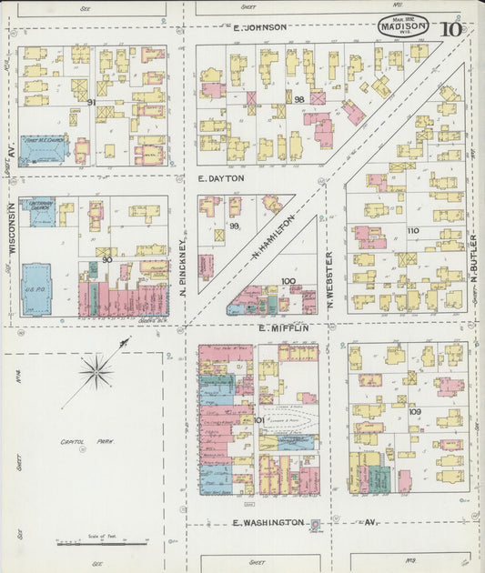 Sanborn Fire Insurance Map from Madison, Dane County, Wisconsin (1892), Sheet #0010 - Historic Sanborn Fire Insurance Map Print, vintage old map wall art, antique decor, genealogy gift, Wisconsin Wisconsin map