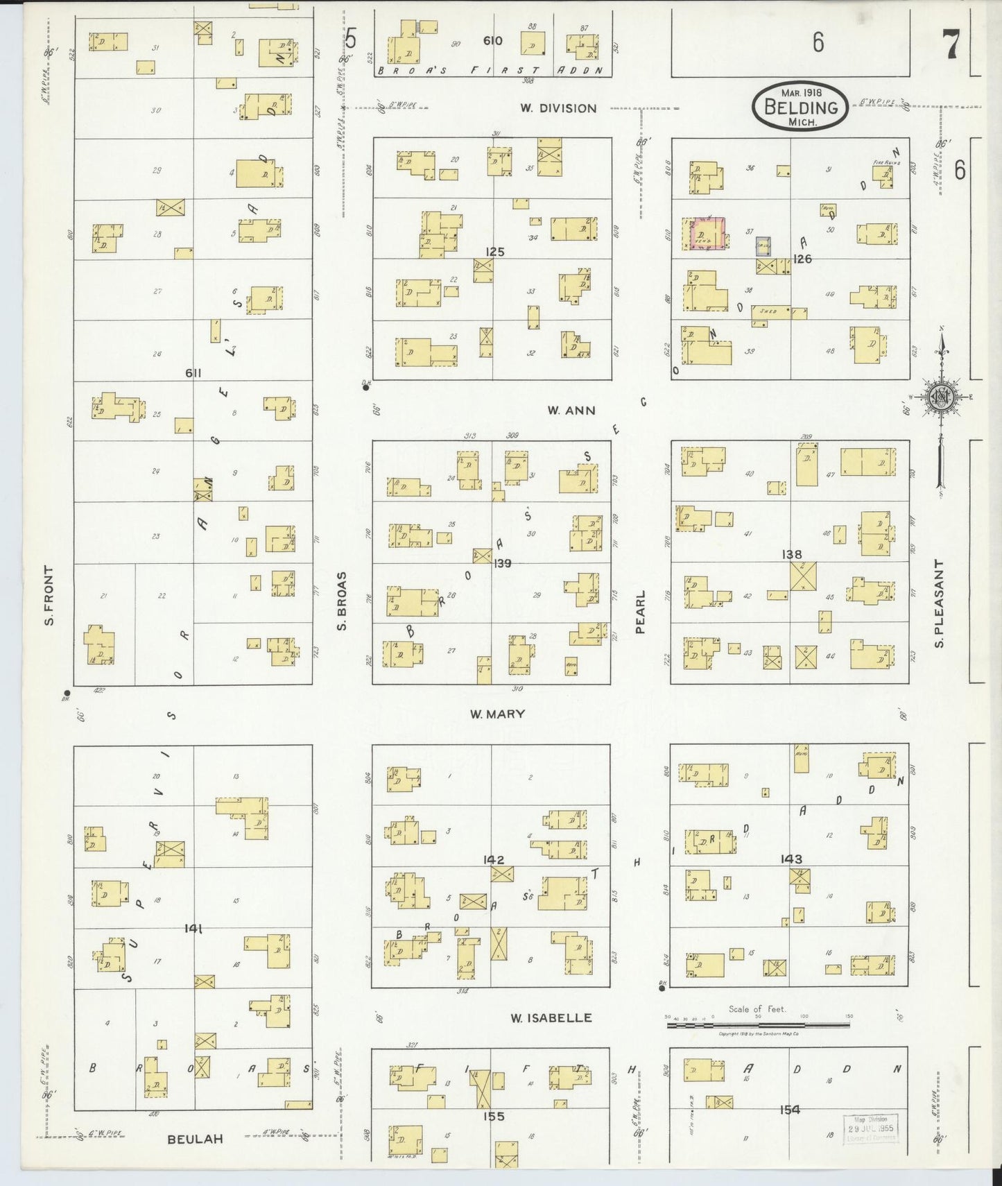 Sanborn Fire Insurance Map from Belding, Ionia County, Michigan (1918), Sheet #0007 - Historic Sanborn Fire Insurance Map Print, vintage old map wall art, antique decor, genealogy gift, Michigan Michigan map